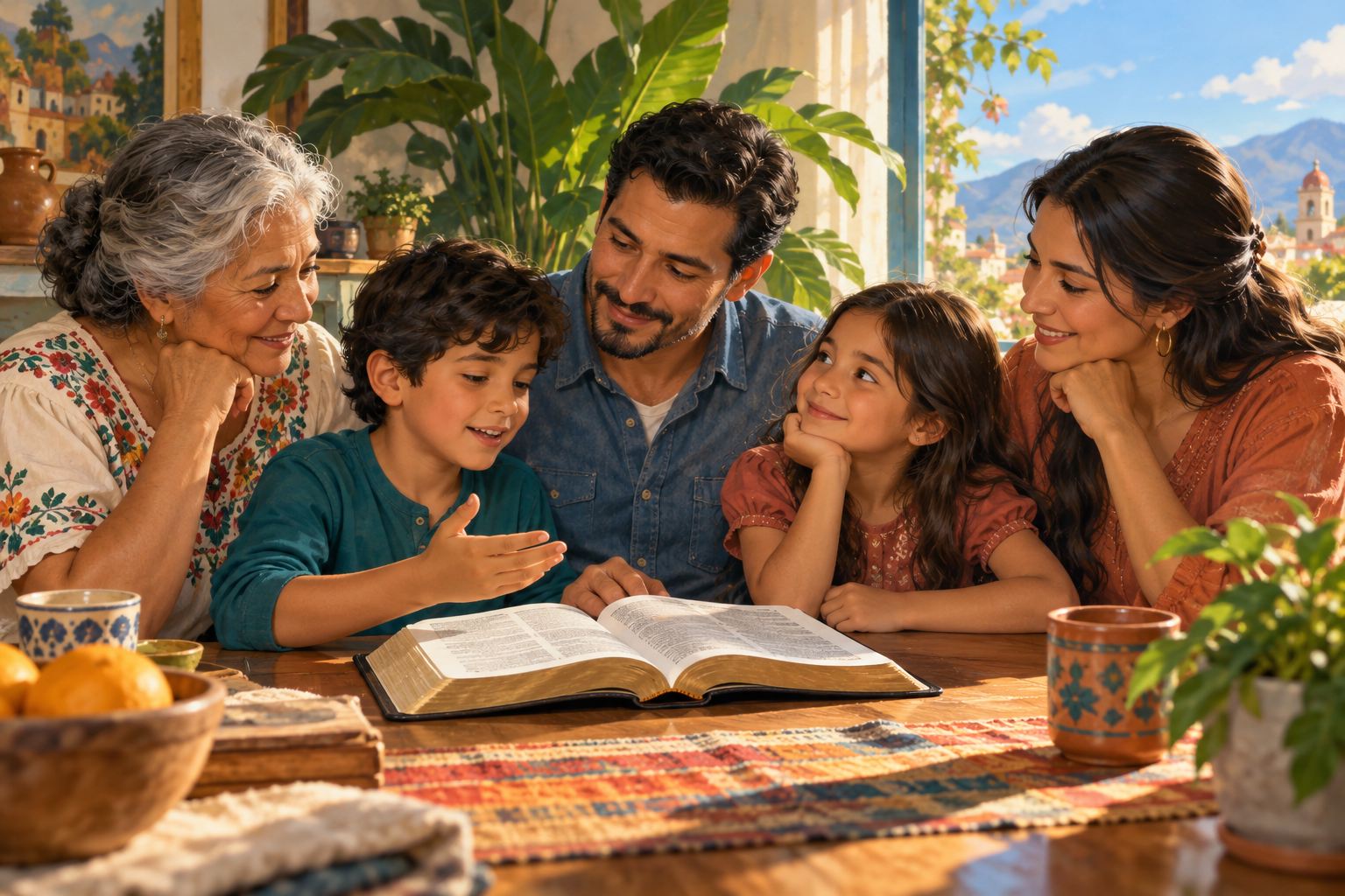 Una familia comparte la lectura de la Biblia alrededor de la mesa